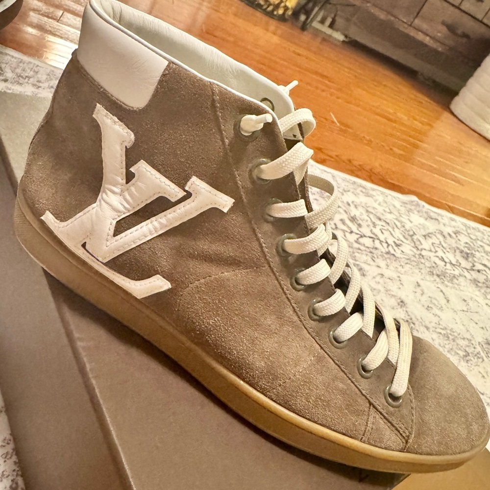 Louis Vuitton Taupe and White High-Top Sneakers